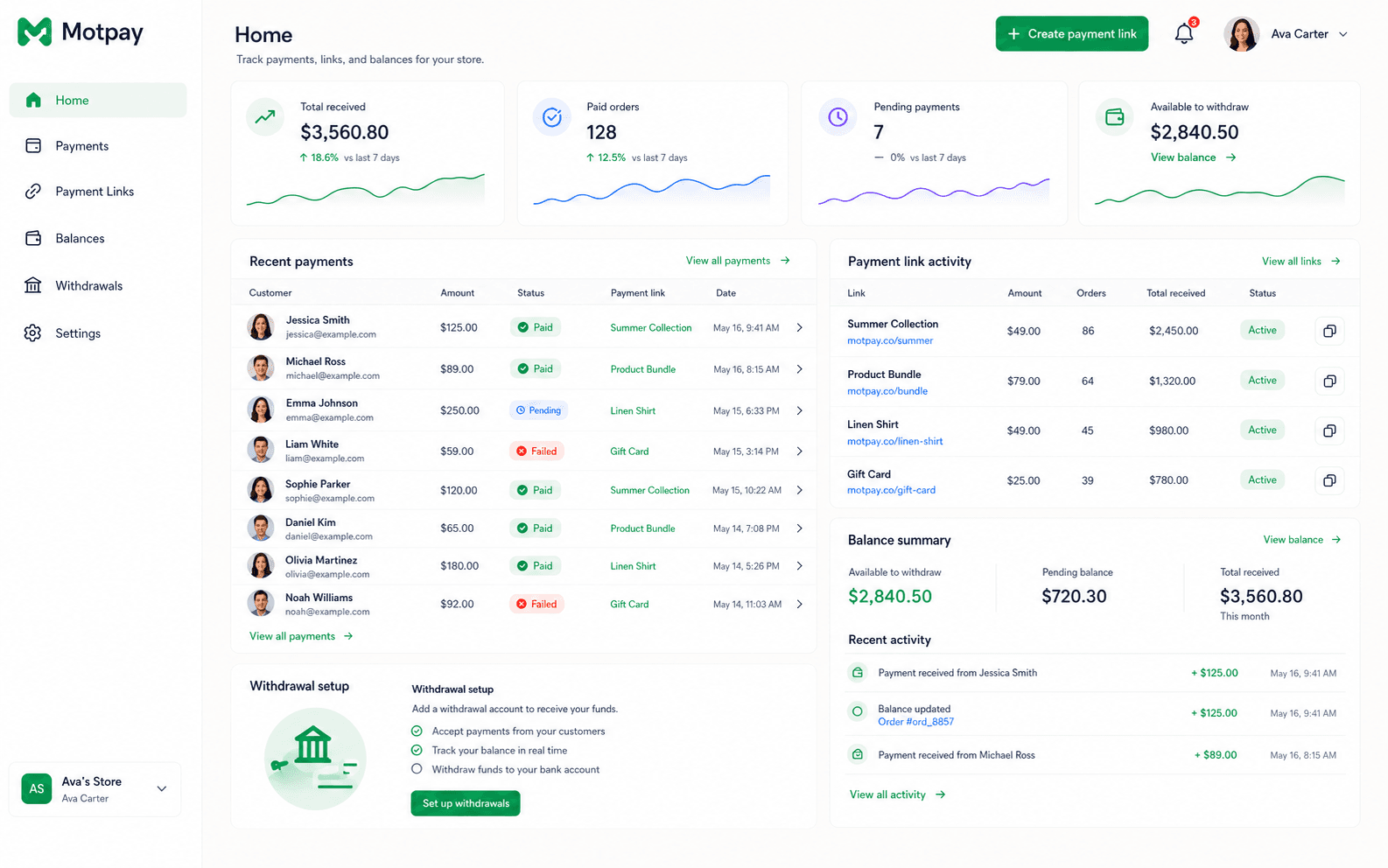 Motpay dashboard showing balances and payments